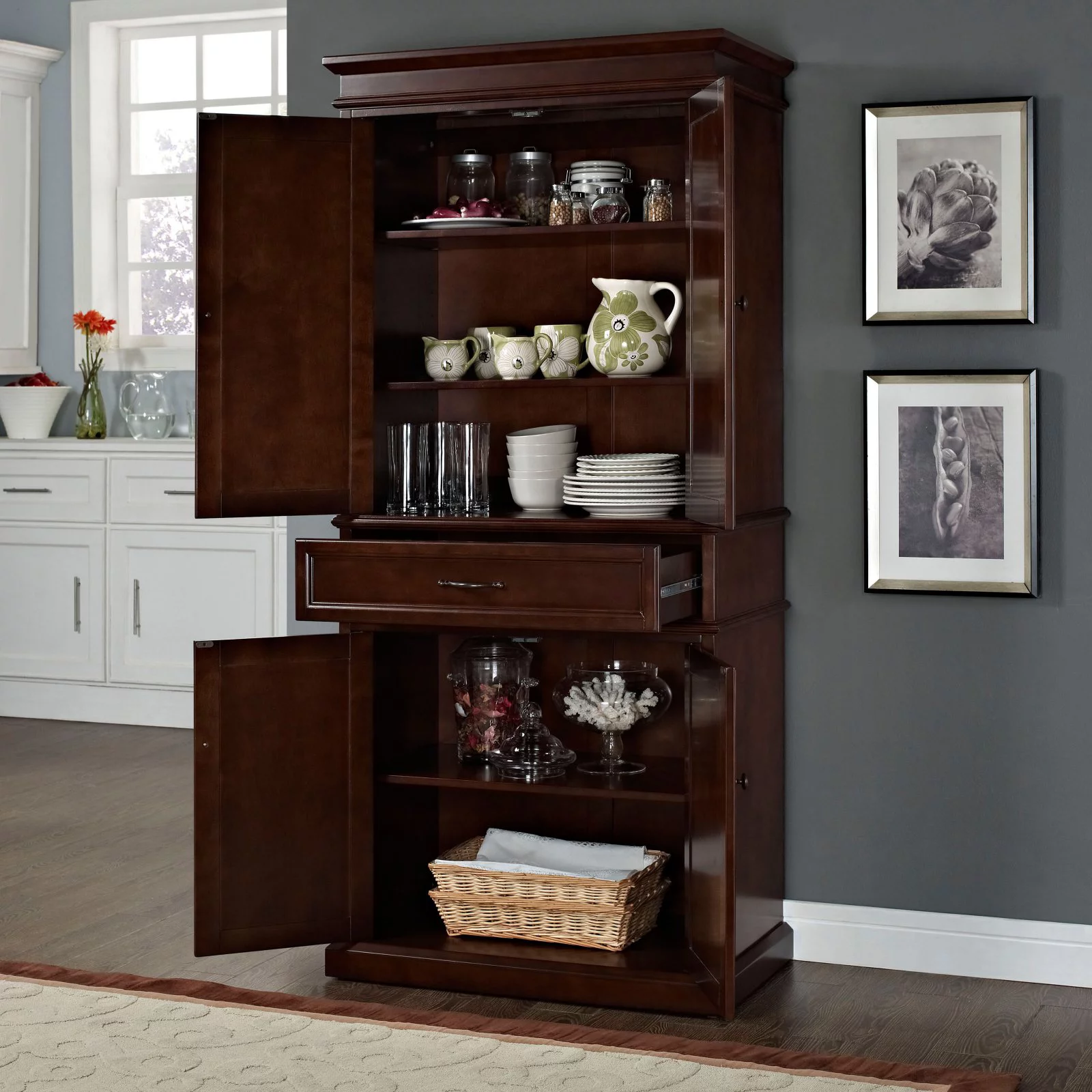 Crosley Furniture Parsons Wood 4 Door Classic Pantry in Mahogany
