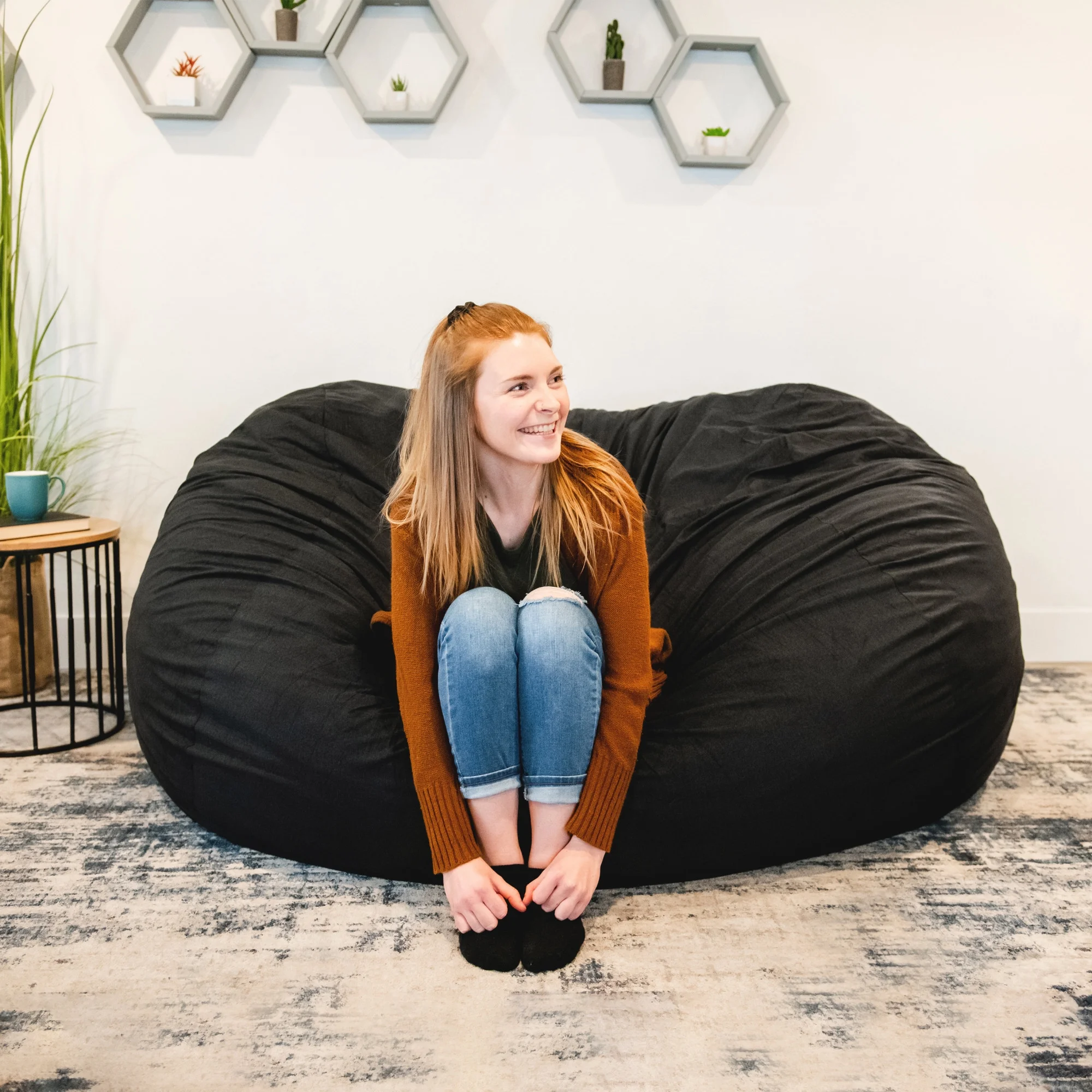 Big Joe Fuf XXL Foam Filled Bean Bag Chair with Removable Cover, Black Lenox, 6 feet Giant