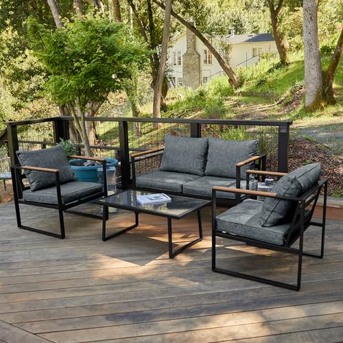 EAST OAK Courtyard Patio Furniture Set, 4-Piece Outdoor Patio Set with Sofa, Removable & Washable Deep Seating Cushion, Tempered Glass Table