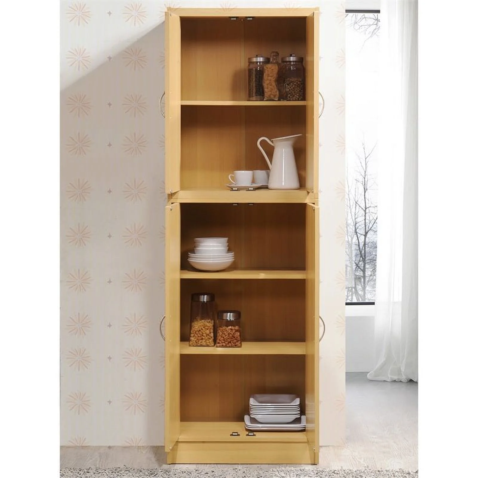 Pemberly Row 4 Door Kitchen Pantry with 4 Shelves in Beech