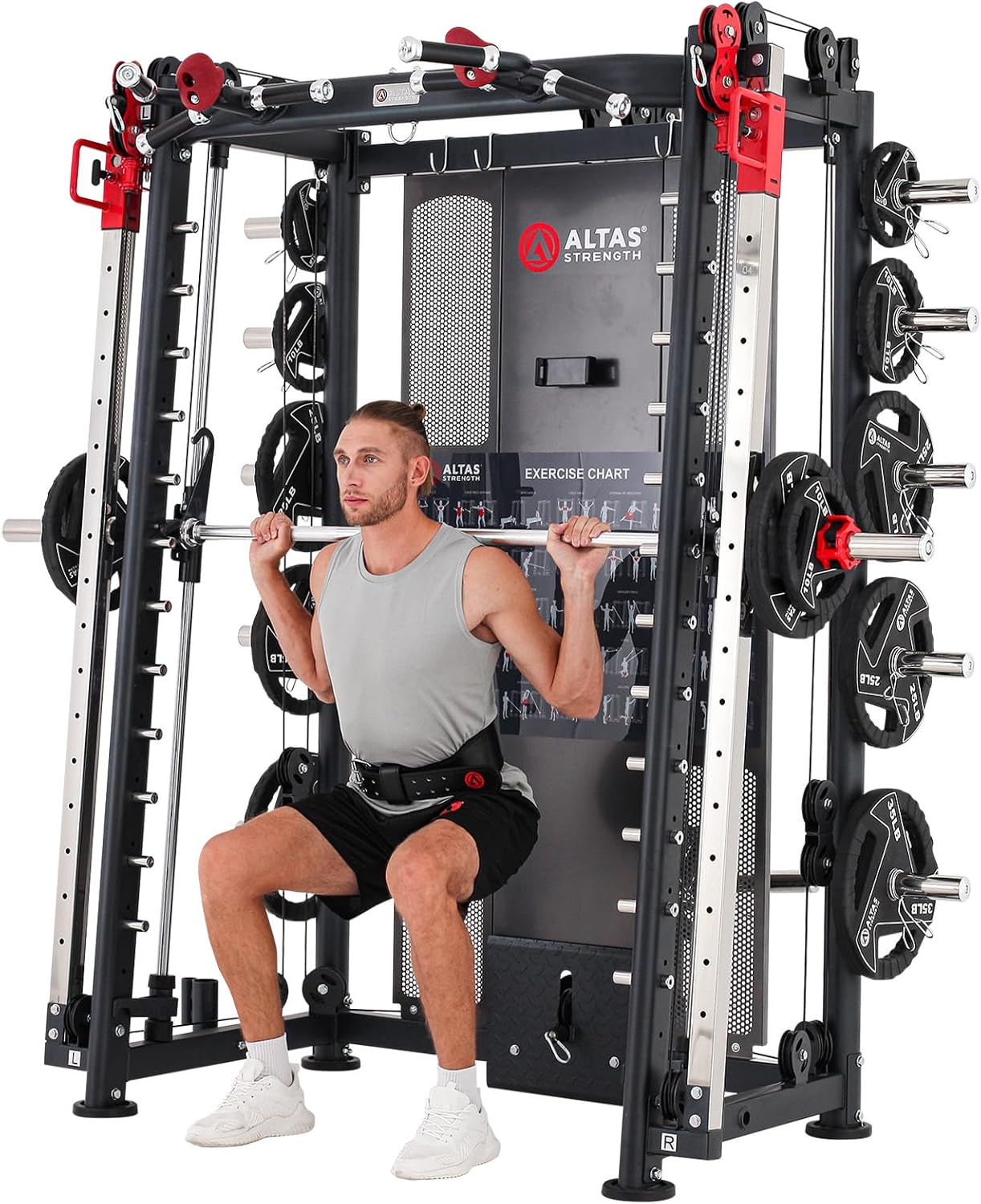 Altas Strength Home Gym Equipment Smith Machine with Pulley System Gym Squat Rack Pull Up Bar Upper Body Strength Training Leg Developer Light