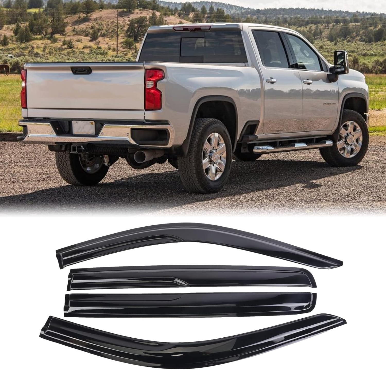 AUTOTOP 4PCS Tape On Dark Smoke Window Deflectors Sun Rain Vent Guard for 2019-2020 Chevy Silverado Crew cab Pack of 2