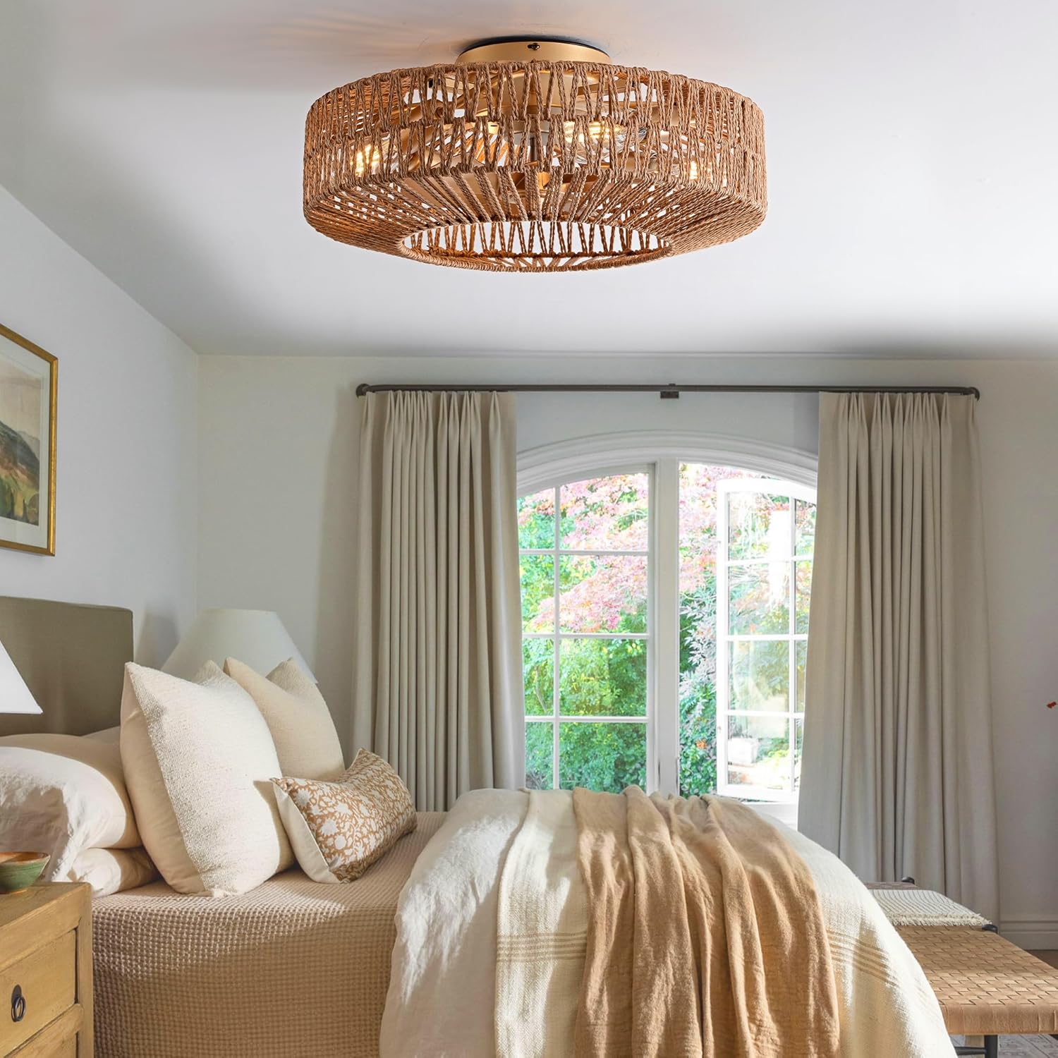 20" Boho Caged Fandelier with Lights Flush Mount Rattan Ceiling Fan with Lights and Remote Control