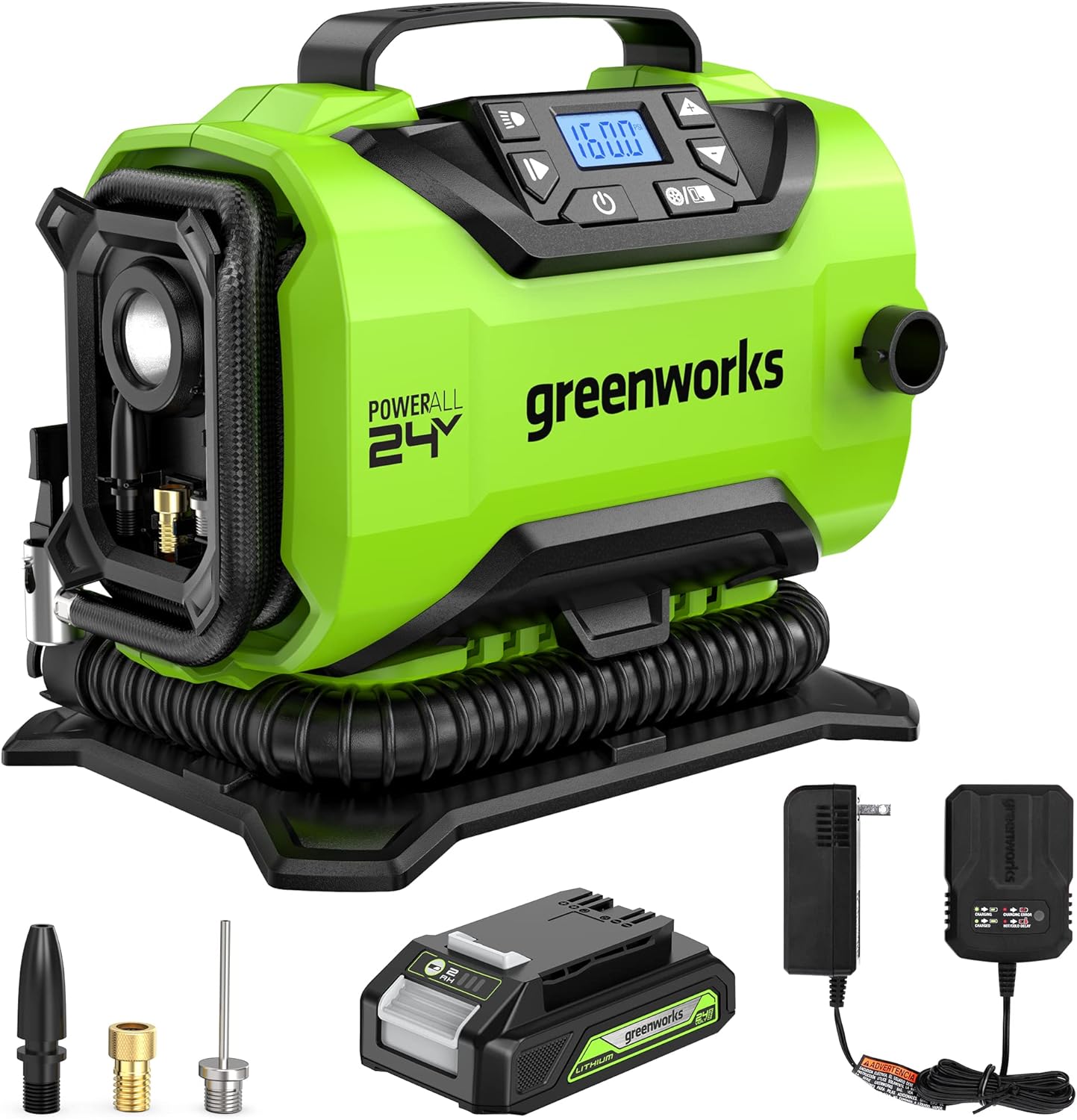 Greenworks 24V Portable Air Compressor - Cordless Tire Inflator Air Pump, MAX 160 PSI, 2 Power Sources, Auto Shut Off, for Car, Bicycle, Motocycle