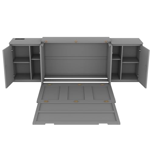Full Size Murphy Cabinet Wall Bed With Storage and Bookcase Headboard, Solid Wood Cabinet With Shelves and USB Ports, Platform Floor for Home Office