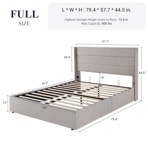 Allewie Full Size Lift Up Storage Bed, Modern Wingback Headboard, Hydraulic Support, No Box Spring Needed, Light Beige