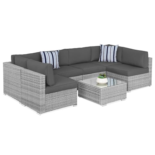Best Choice Products 7-Piece Modular Outdoor Sectional Wicker Patio Conversation Set w/ 2 Pillows, Coffee Table, Cover Included - Gray/Navy