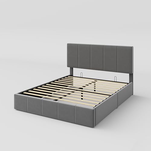 Allewie Queen Size Velvet Lift Up Storage Bed Frame, Vertical Channel Tufted Headboard, Hydrualic Underneath Storage, Upholstered Platform Bed
