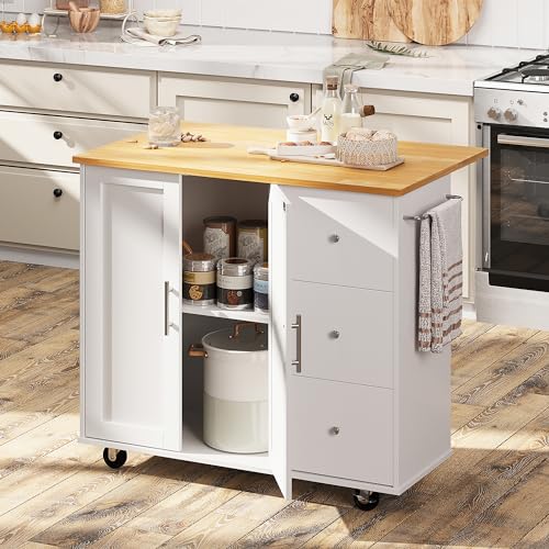 Shintenchi Rolling Kitchen Island Cart with Folding Drop Leaf Breakfast Bar, Portable Trolley Island with Large Storage Cabinet, Shelf and Drawer