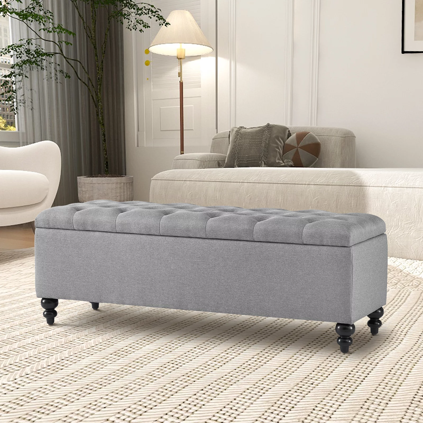 Ottoman with Storage 50.2 Inches Upholstered Fabric Storage Ottoman Bench，Button Tufted Ottoman with Storage for Living Room，Bedroom End of Bed Bench