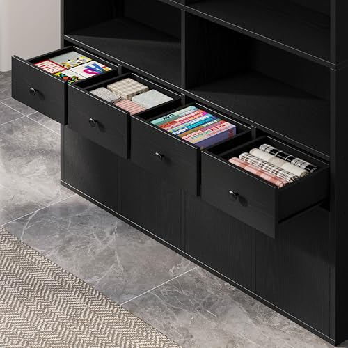 IRONCK 78.7" Bookcase with 4 Drawers and 4 Doors, 6 Tier Large Bookshelf with Storage, Floor Standing Display Storage Shelves