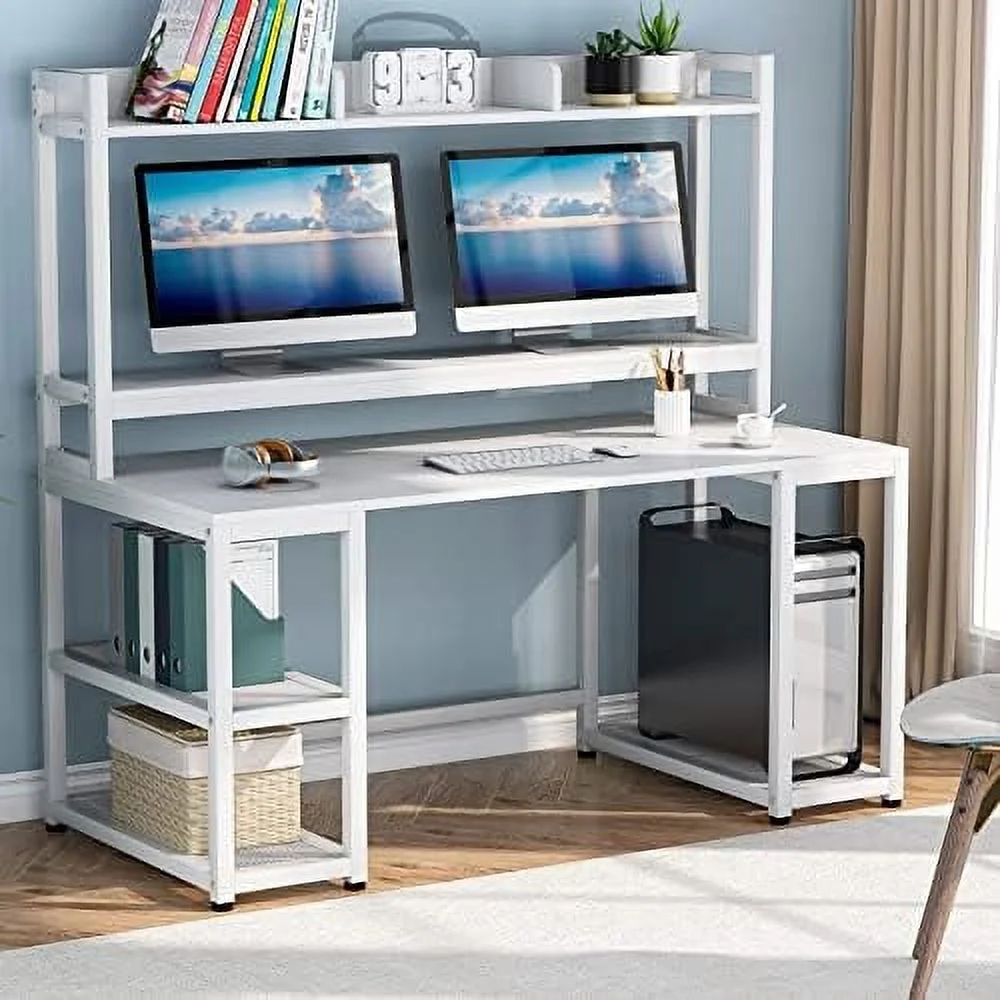 55 Inches Computer Desk with Hutch and Monitor Stand Riser  Rustic Industrial Desk Computer Table Studying Writing Desk Workstation with  Shelves