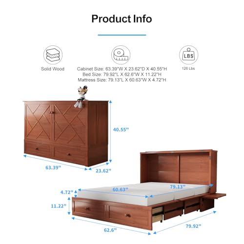 PUREMIND Queen Murphy Bed with Storage Drawers, Camas Con Colchon Incluido, Hideaway Chest Beds with Built-in Charging Station