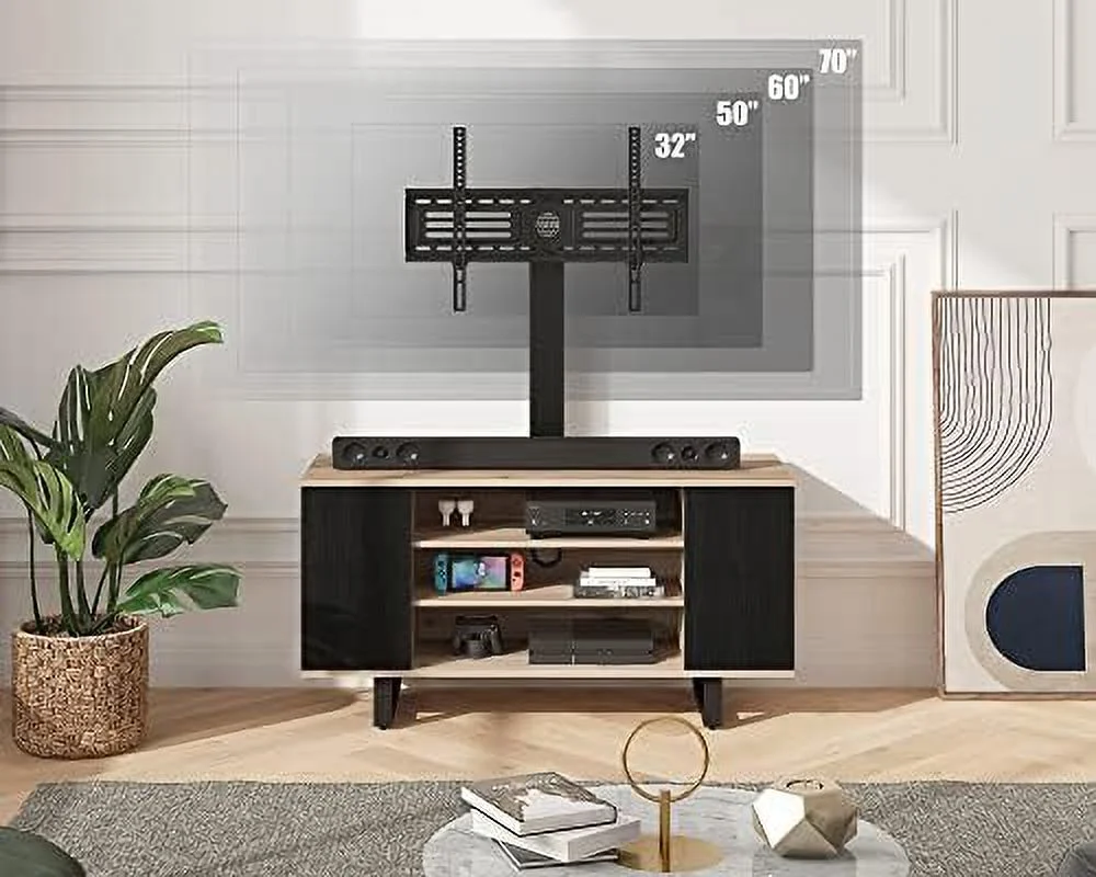 TJUNBOLIFE TV Stand with Mount for 32-70 inch TVs LED Light Entertainment Center with Wood Console  Swivel Floor TV Stand Mount with Light for Living