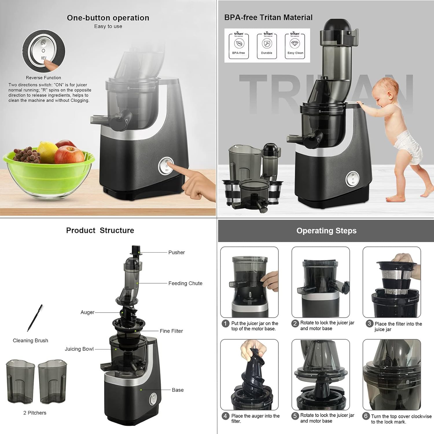 45RPM Electric Auger Juicer Vegetable and Fruit Juice Extractor,Professional Slow Masticating Juicer