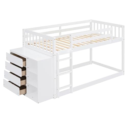 Ball & Cast Full Over Full Bunk Bed with Twin Size Trundle and Built in 4 Drawer,Wood Bunkbed w/Storage Ladder & Slat Support