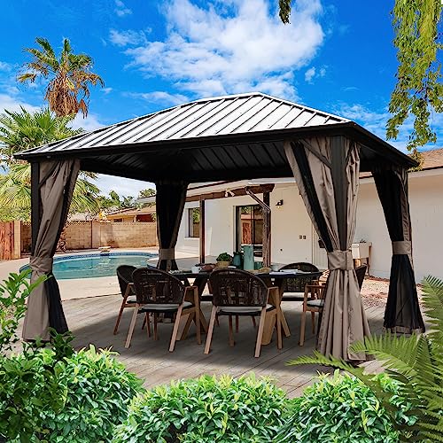 Kozyard 10'x12' Hardtop Gazebo Permanent Metal Pavilion with with 2-Layer Sidewalls Curtains for Patio, Backyard