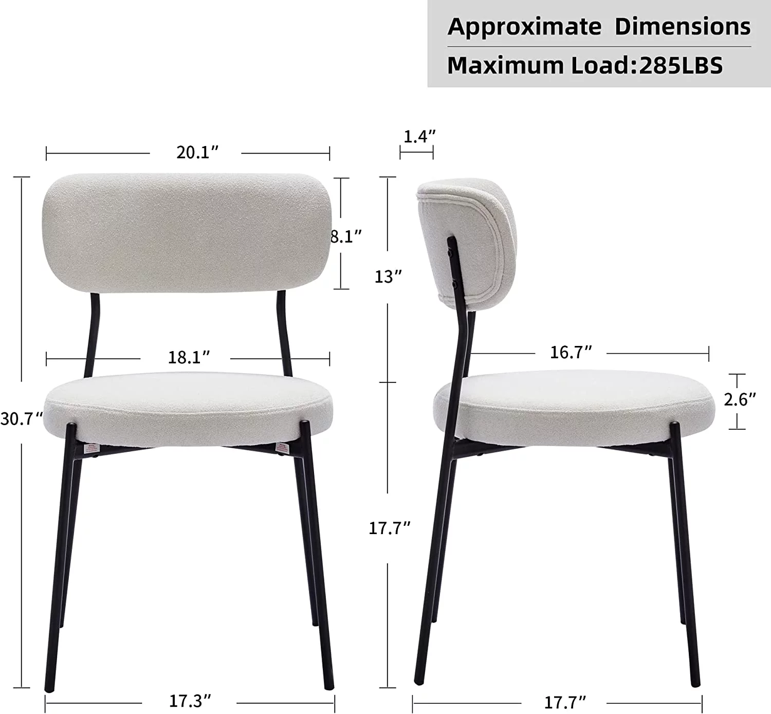 Duhome Modern Dining Chairs Set of 2 Boucle Upholstered Dining Room Chairs Kitchen Chairs for Small Spaces Side Chair w/ Black Metal Legs, Cream White