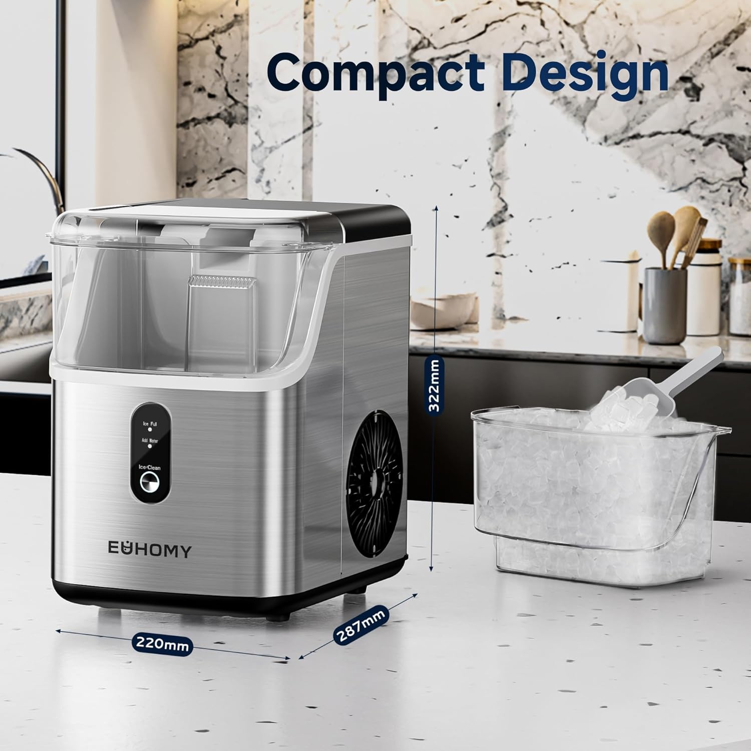 EUHOMY Nugget Ice Makers Countertop, Pebble Ice Maker Machine with 34lbs/24H Soft Ice, Self-Cleaning Sonic Ice Maker with Ice Scoop&Basket