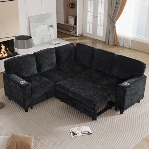 L-Shaped Pull Out Sleep Sofabed,Modern Reversible Sleeper Sectional Sofa Chenille Upholstered Button Tufted Decor with Storage Chaise