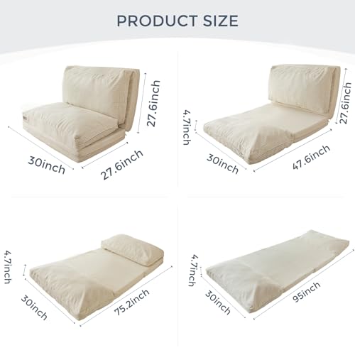 MAXYOYO Bean Bag Bed Folding Sofa Bed Floor Mattress for Adults, Extra Thick and Long Floor Sofa with Corded Washable Cover, Dark Grey, 30x95 Inch