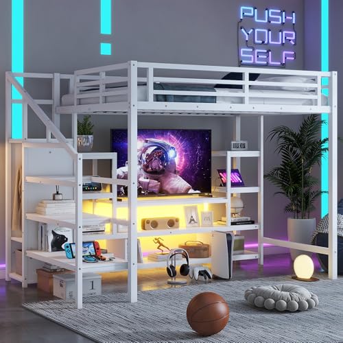 Queen Loft Bed with L-Shaped Desk and Stairs,Metal Queen Size LoftBed with Wardrobe and Adjustable Shelf, Gaming Bed with LED and USB