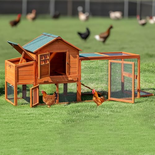 GARWOOD Large Wooden Chicken Coop Outdoor Big Hen House Poultry Pet Duck Hutch with Run Cage Nesting Box Waterproof Asphalt Roof Ramp Removable Tray
