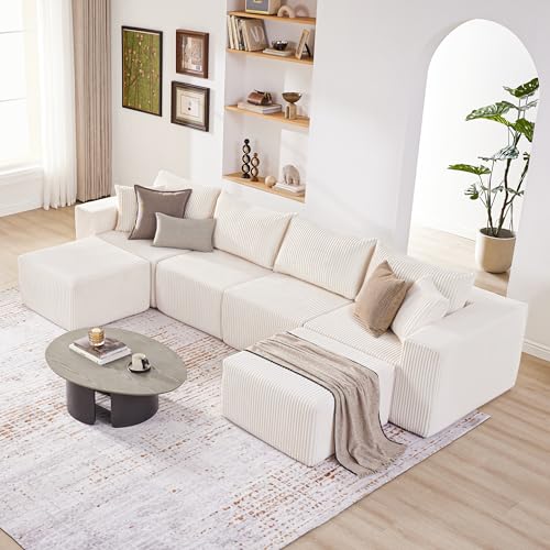 107.4" Cloud Couch Sectional, Modular Sofa with Deep Seat, Plush Corduroy L Shaped Boneless Couch, Convertible Sectional Couches for Living Room
