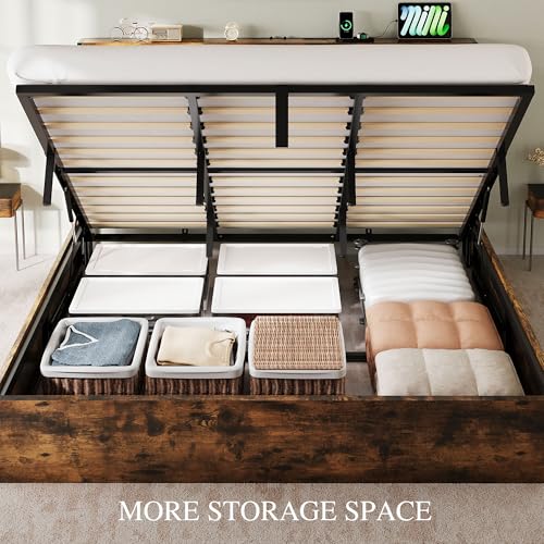 YITAHOME Queen Size Lift Up Bed with Charging Station & RGB LED Lights, PU Leather Upholstered Platform Storage Bookcase Headboard Bed