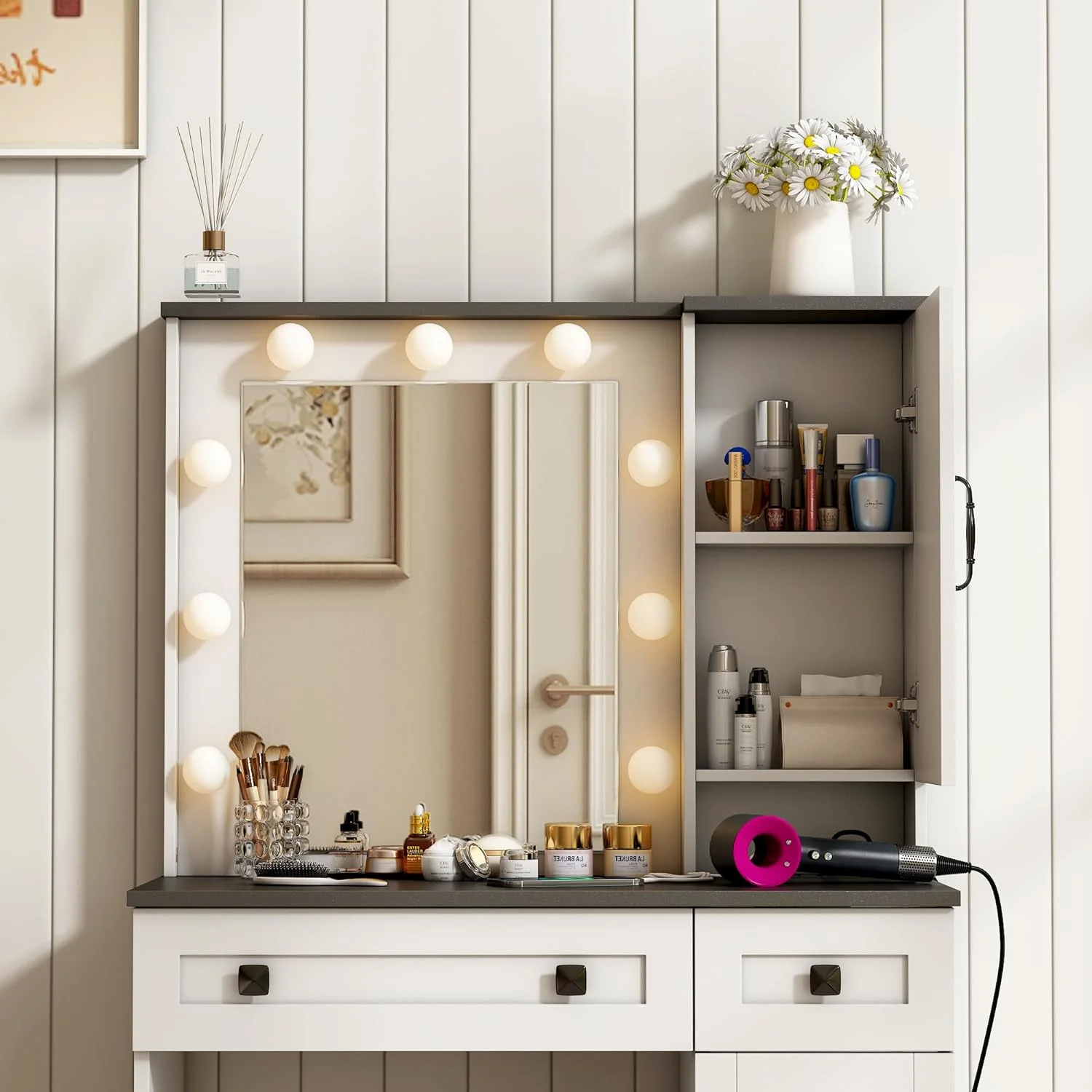 Wanan 31.5" Makeup Vanity Desk with Lights,  Farmhouse Vanity Table and Bench Set with Power Outlet
