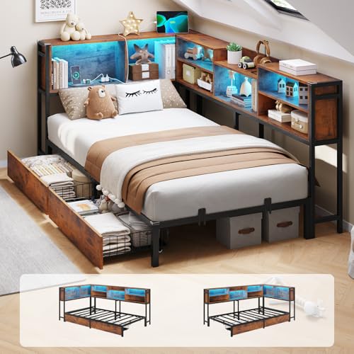 DICTAC Corner Twin Bed Frame with Bookcase Storage and Led Lights Metal Twin Size Platform Beds with Storage and Charging Station Twin Daybed with 2