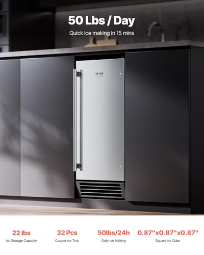 VEVOR Under Counter Ice Maker Machine, Crescent Ice, 25 Lbs/Day Stainless Steel Built in Ice Maker with Reversible Door