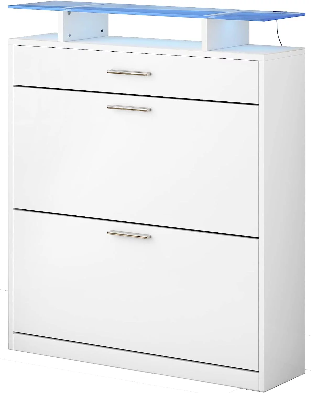 AngLink Slim Entryway Shoe Cabinet with 2 Flip Drawers, Modern Tempered Glass Top Shoe Storage Organizer with Drawer and Open Shelves
