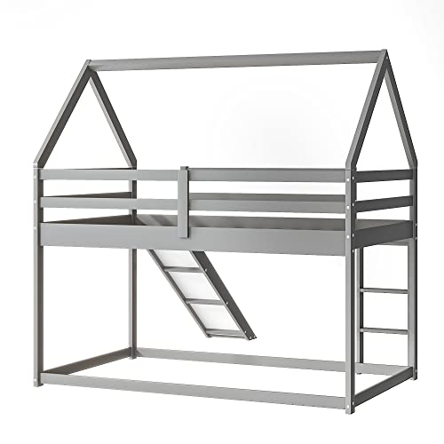 Kids Twin Over Twin Bunk Beds with Slide and Trundle, Solid Wood Bunk Bed Frame with Stairs and Storage