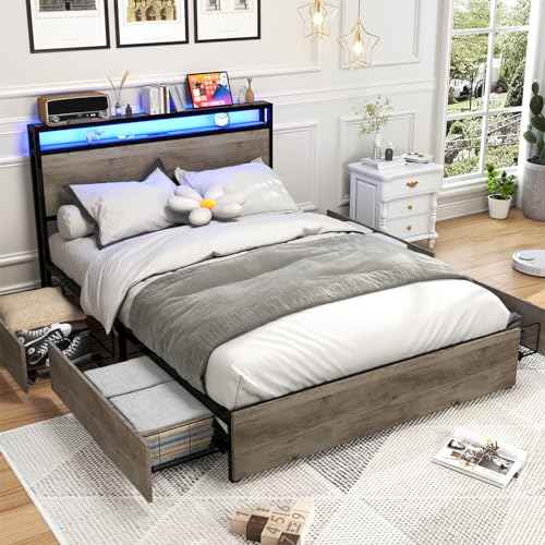 Full Size Bed Frame with Headboard, LED Platform Bed with 4 Storage Drawers, Built in Charging Station, Noise-Free, Metal Support Base