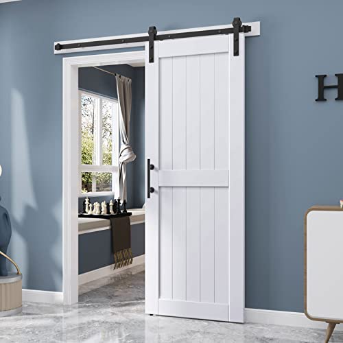 EaseLife 54 x 84 inch White Barn Door with 9FT Sliding Door Hardware Kit Included & Handle,Solid Wood Covered with Waterproof PVC Surface
