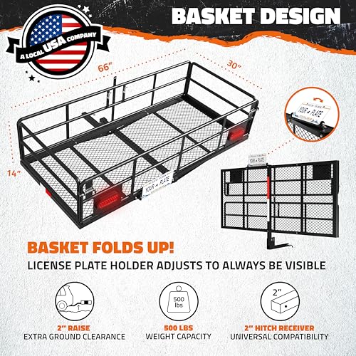 Mockins XL 66"x30"x14" High Rail Folding Hitch Cargo Carrier w/ 45 CuFt Trailer Hitch Cargo Carrier Bag | 500Lbs Cap Luggage Rack for SUV Car & Truck