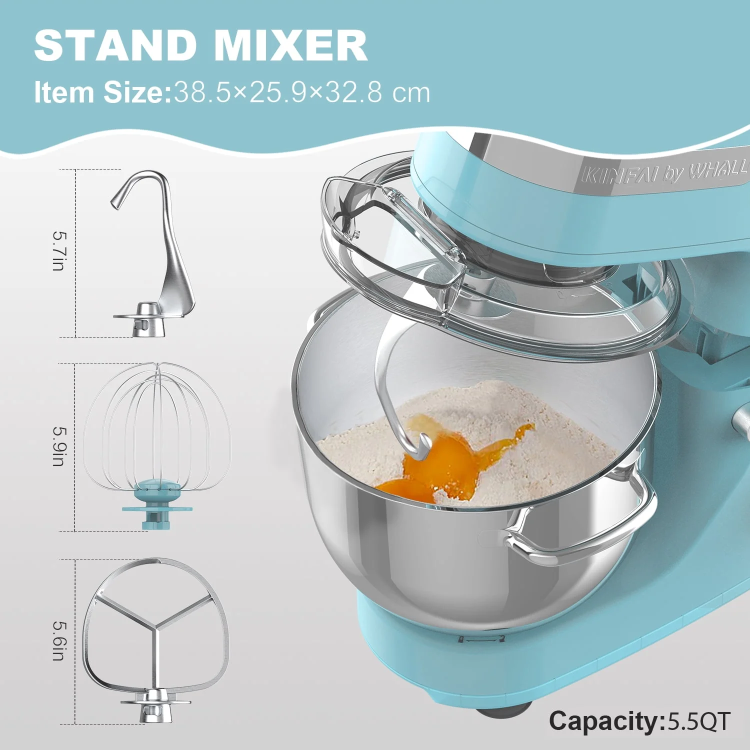 WHALL® Stand Mixer - 5.5Qt 12-Speed Tilt-Head Electric Kitchen Mixer with Dough Hook/Wire Whip/Beater, Stainless Steel Bowl (Blue)