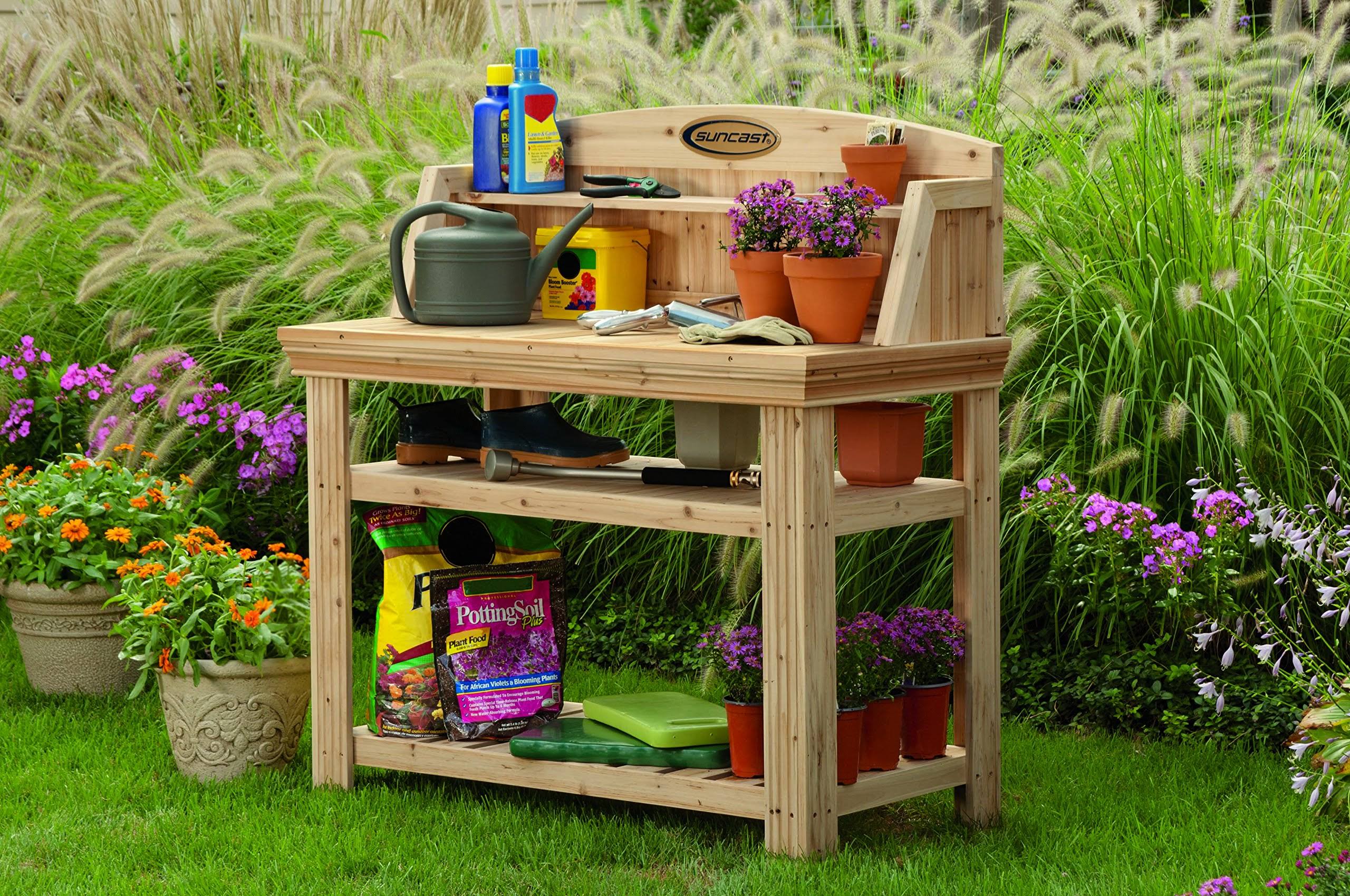 Suncast Cedar Rectangle Potting Bench, Brown