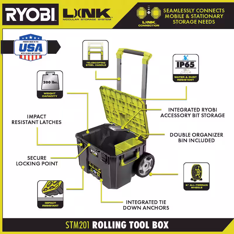 ONE+ 18V Cordless 4-Tool Combo Kit with 1.5 Ah Battery, 4.0 Ah Battery, Charger, and LINK Rolling Tool Box