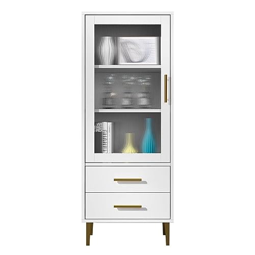 Tall Corner Cabinet with Glass Doors and 2 Drawer, Modern Storage Cabinet, White Display Cabinet, Home Storage Furniture