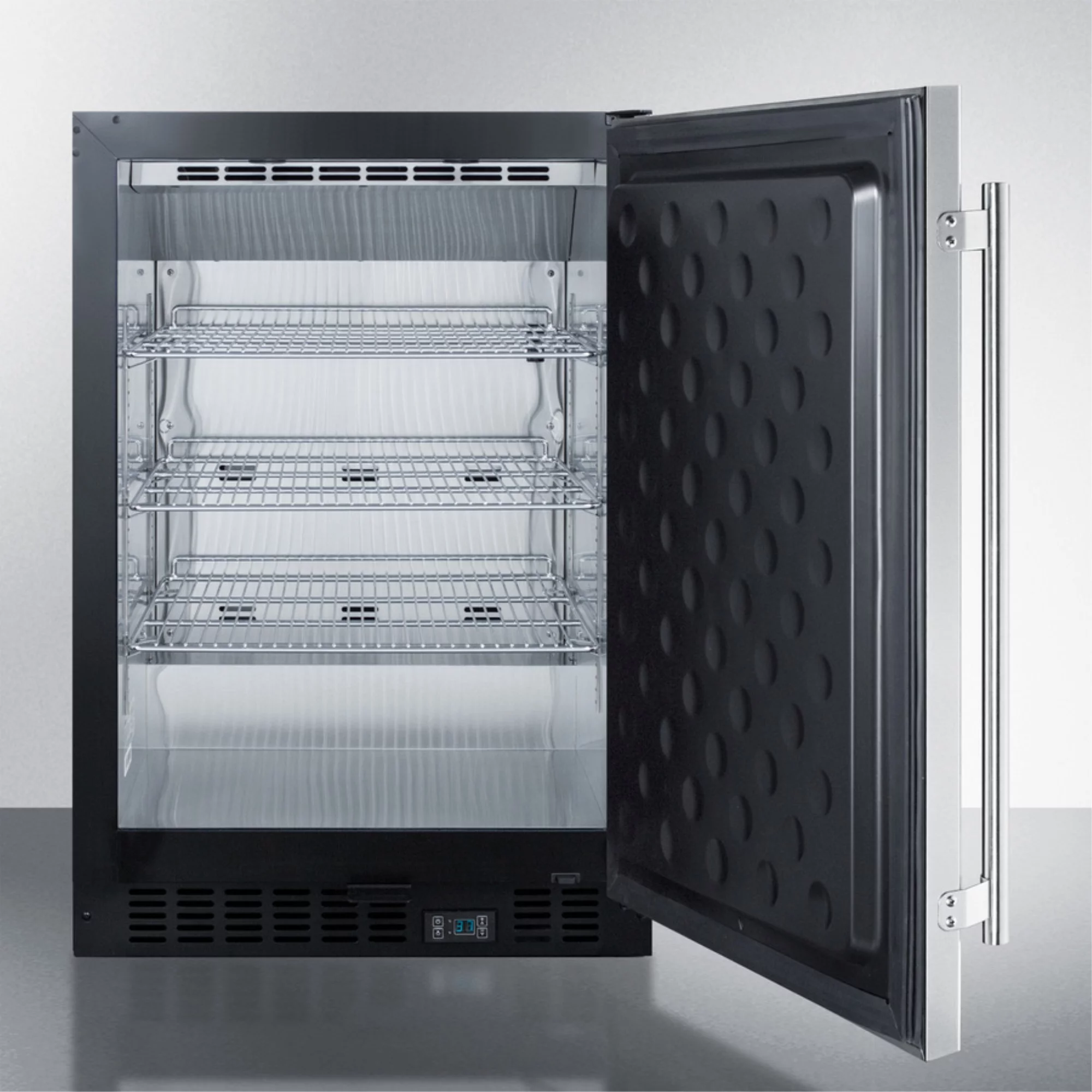 Built-in undercounter commercial refrigerator with SS interior, door, and cabinet
