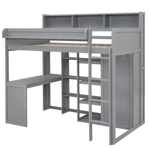 Harper & Bright Designs Twin Size Loft Bed with Wardrobe, Desk and Multiple Storage Shelves, Solid Wood Loft Bed Frame with Bookshelf