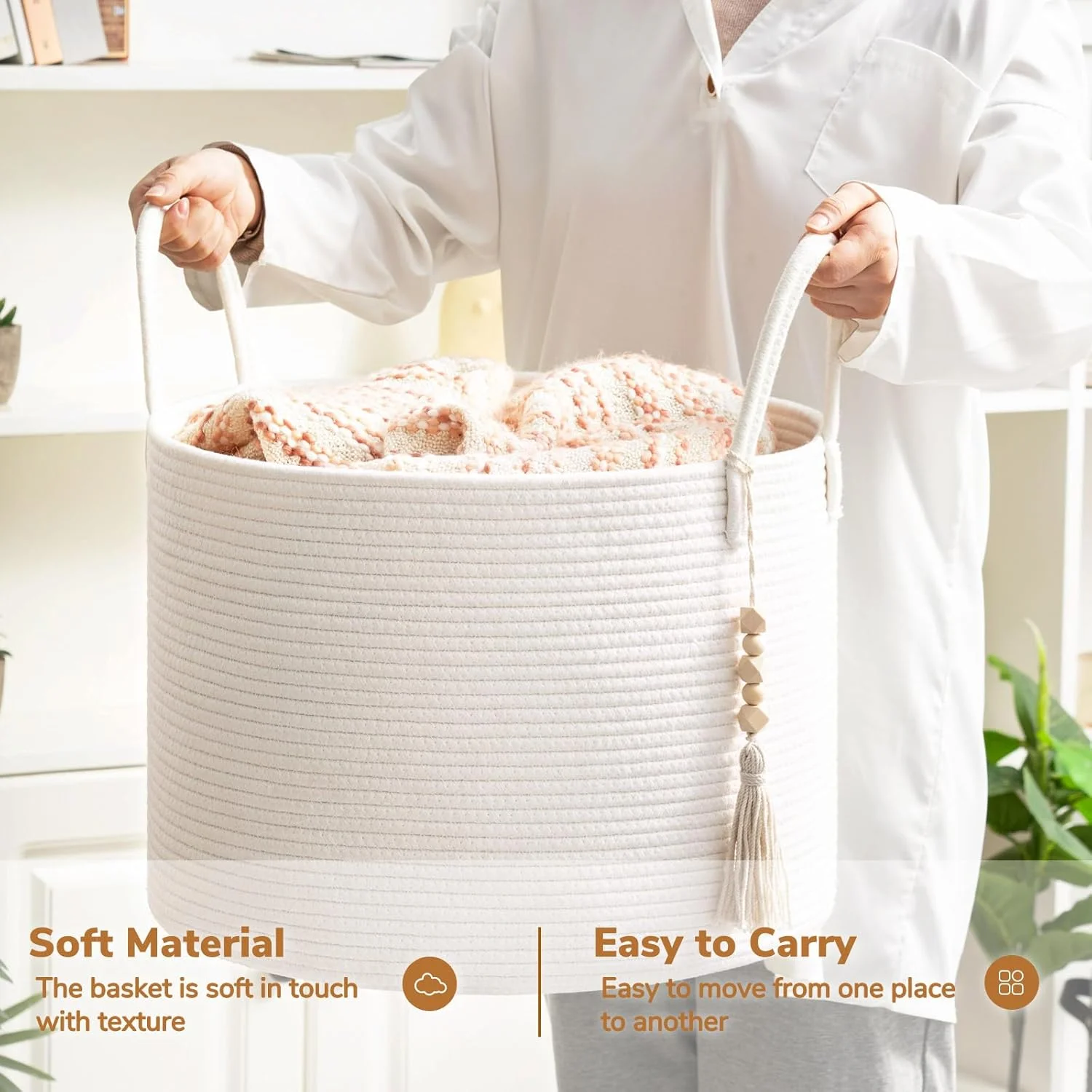 Large Laundry Basket Decorative White Basket for Blankets, Baby Storage Basket for Nursery, Living Room, Bedroom, Big Rope Hamper 17.7 x 12.6 Inches