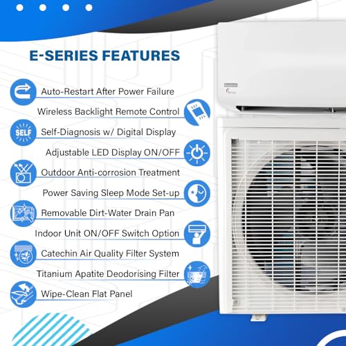 Goodman Mini Split Inverter Heat Pump E-Series | 230v, 18 SEER2, 0.75 to 1.50 Tons | 9,000 to 12,000 BTU Cooling and Heating | Ductless, Single Zone