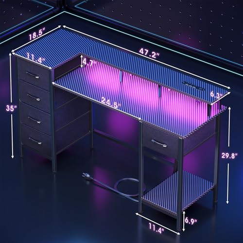 47 Inch Computer Gaming Desk with Power Outlets LED Lights Reversible Home Office with Adjustable Fabric Storage Drawers for Working Writing Study