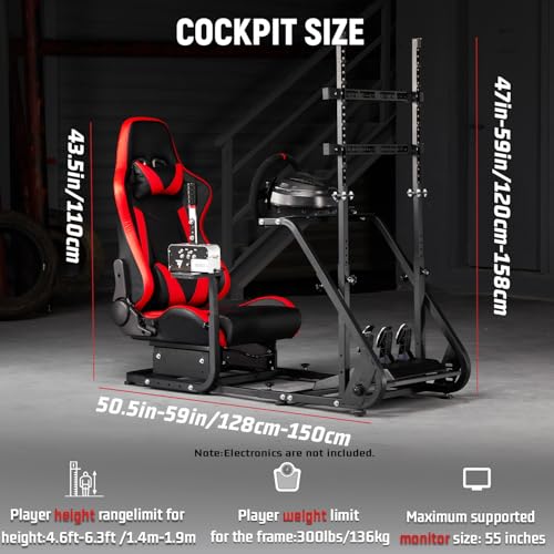 Dardoo G923 Racing Simulator Cockpit with Monitor Mount Fits for Logitech/Thrustmaster G25 G27 G29 G920 T150 T300,Simulator Cockpit with red Seat