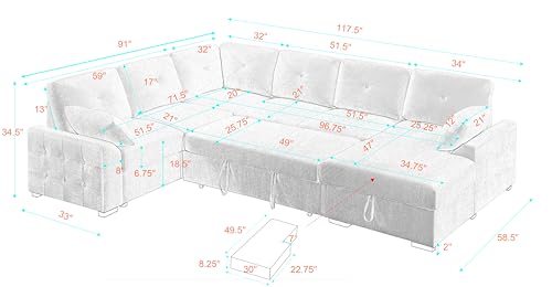 L-Shaped Pull Out Sleep Sofabed,Modern Reversible Sleeper Sectional Sofa Chenille Upholstered Button Tufted Decor with Storage Chaise
