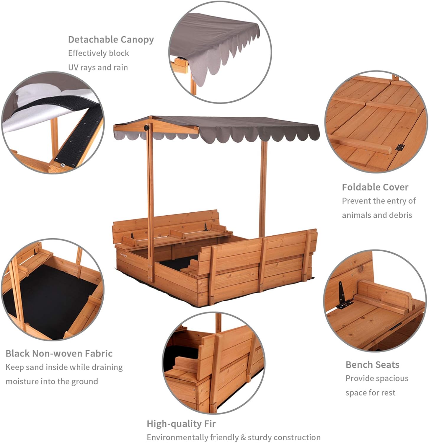 Kids Large Wooden Sandbox, Outdoor Sand Box Play w/ Canopy, 2 Foldable Bench Seats, Retractable Roof and Sand Protection - 47x47-Inch