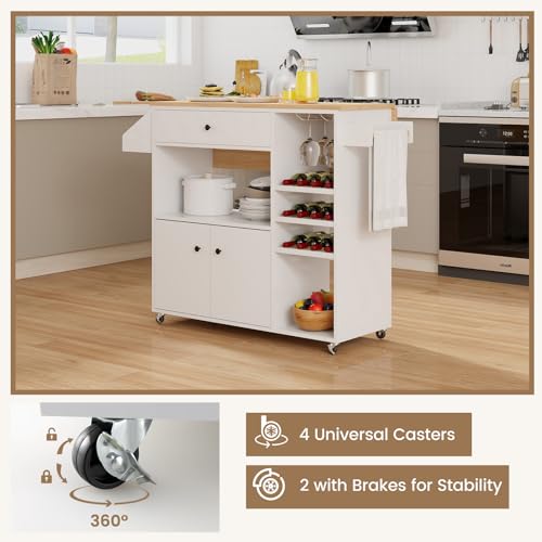 Rolling Kitchen Island with Drop Leaf & Power Outlet, Microwave Cart with Storage Cabinet, Drawer, Wine & Cup Holder, Spice & Towel Rack